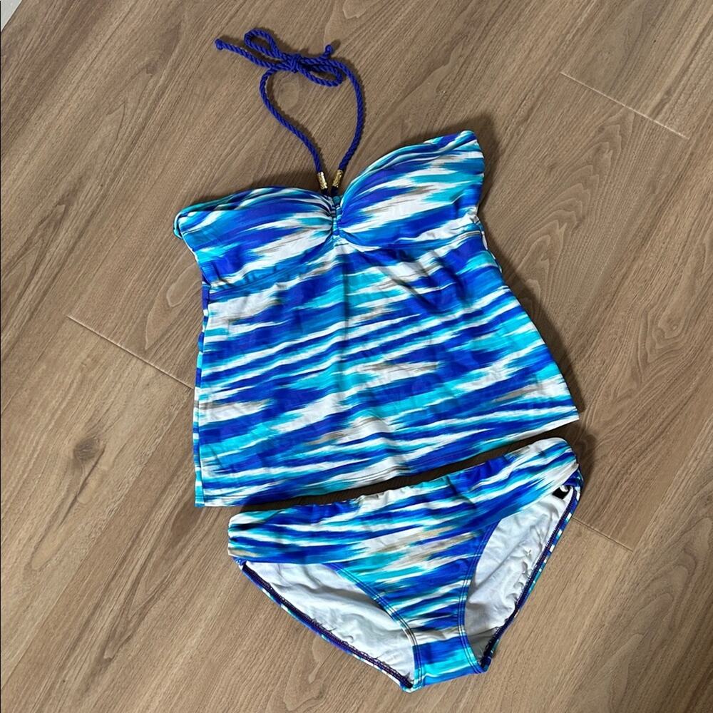 Ralph Lauren 2 Piece Blue Striped Tankini Swimsuit, Size 12
